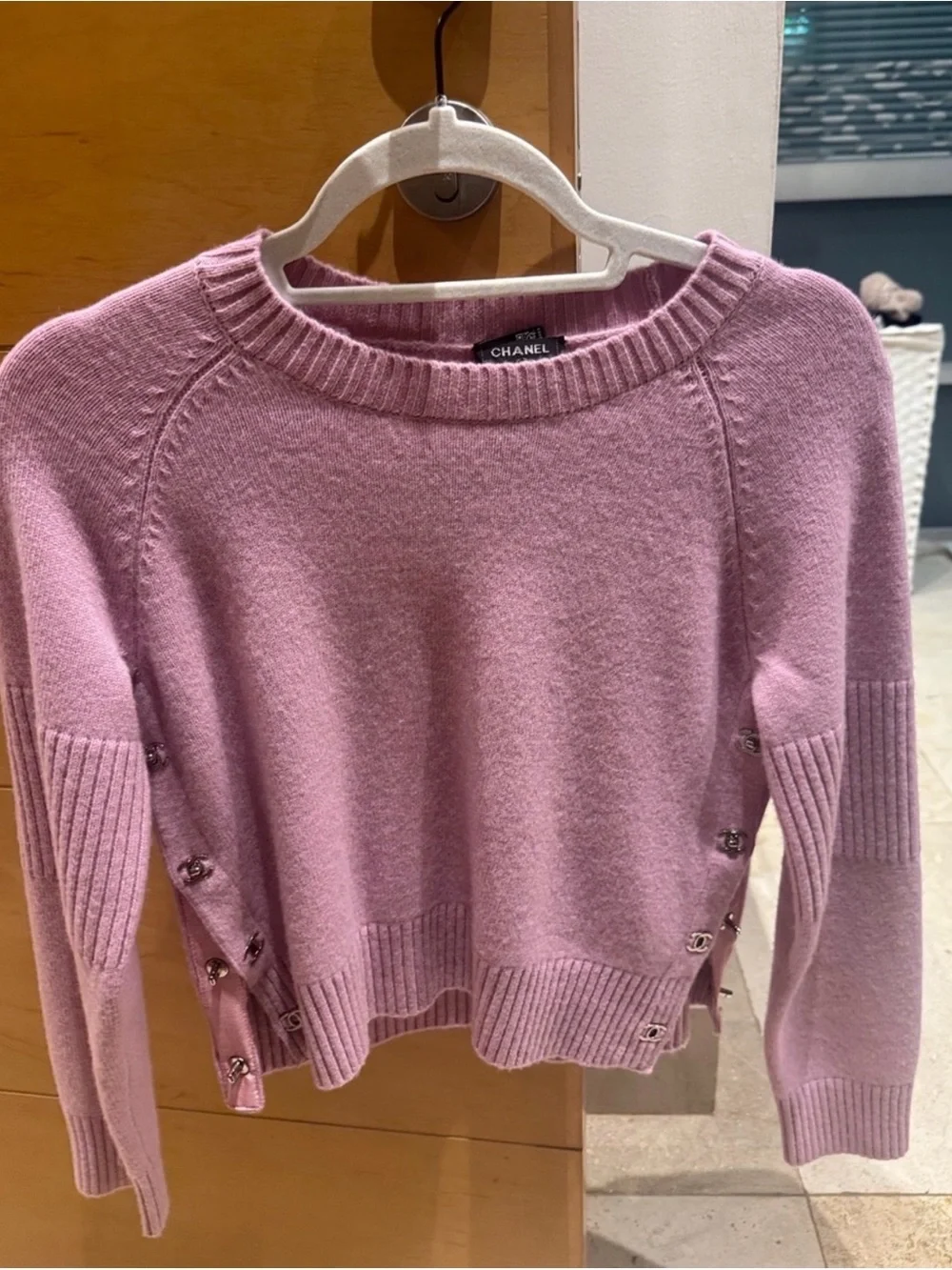 CHANEL Lilac Side-Snap Crewneck Sweater